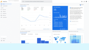 Google Analytics dashboard showing website traffic insights including users, revenue, sessions, and audience data.