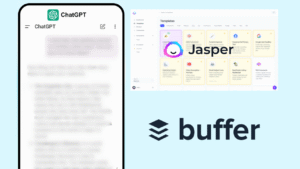 AI tools for social media marketing – ChatGPT mobile app, Jasper AI dashboard, and Buffer logo displayed together