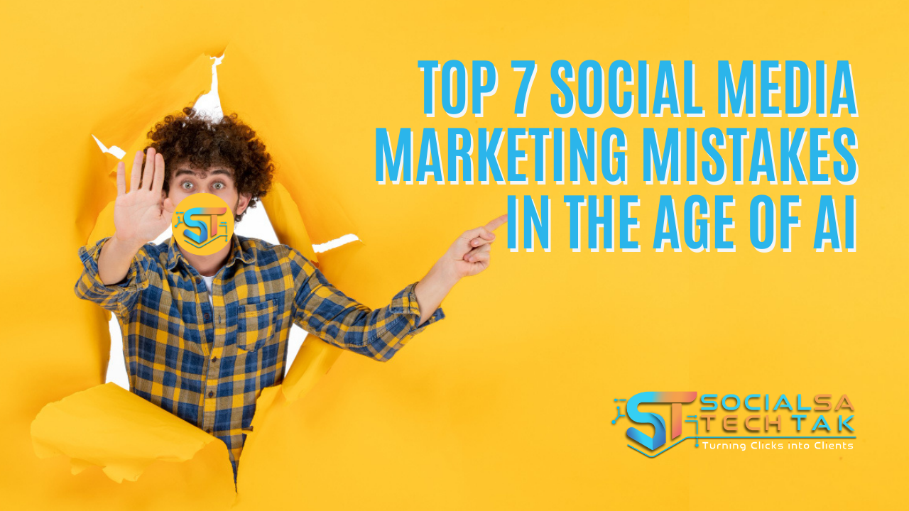 Young man breaking through yellow background with stop hand gesture, representing ‘Top 7 Social Media Marketing Mistakes in the Age of AI’ blog cover by SocialSa TechTak.