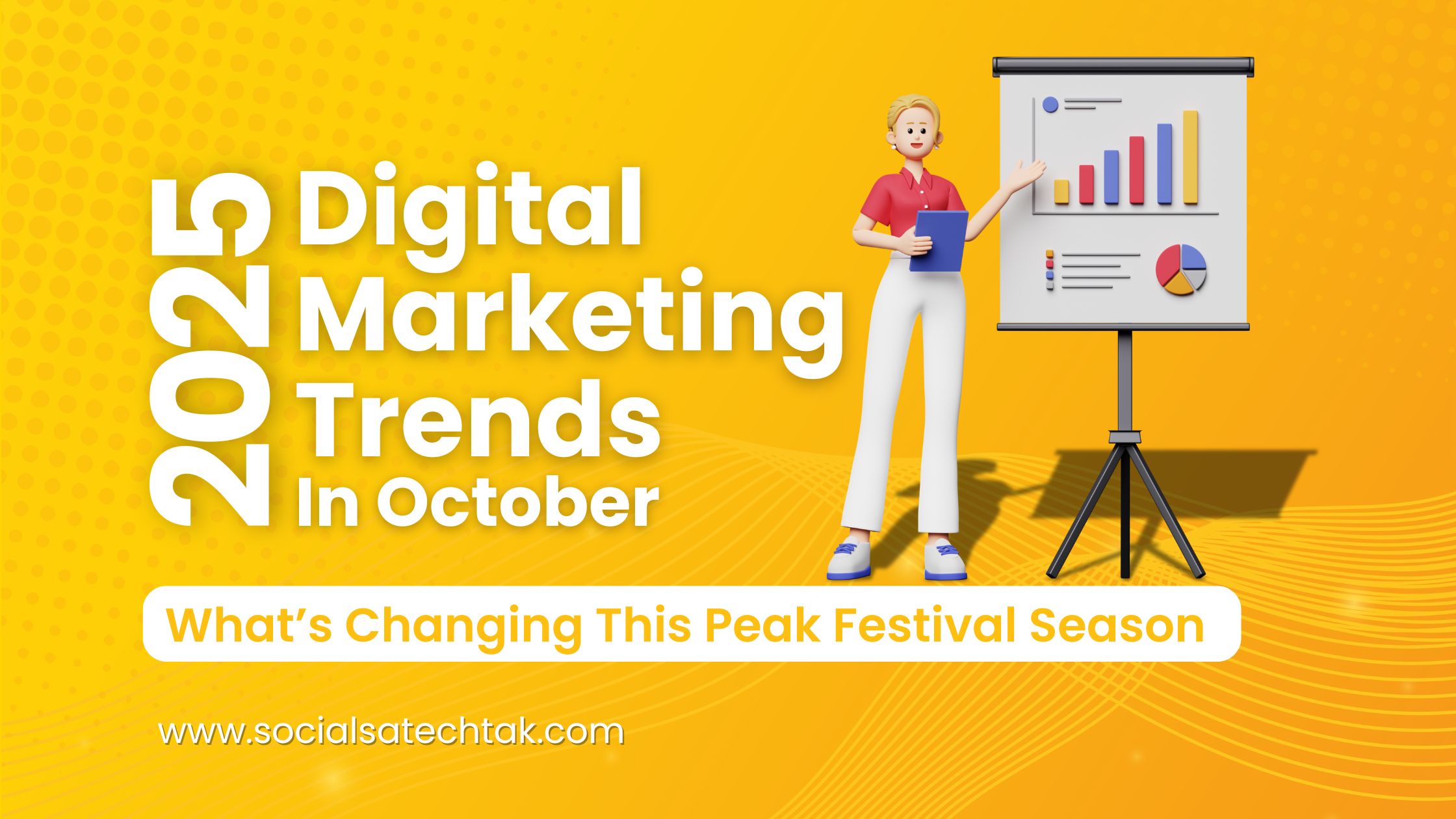Digital Marketing Trends October 2025 – banner with festive season marketing insights and visuals of a 3D character presenting charts.